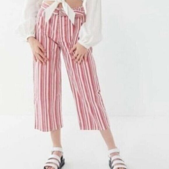 BDG Urban Outfitters Red & white Striped Straight Pants Button‎ Up Belted W24 - Picture 1 of 7